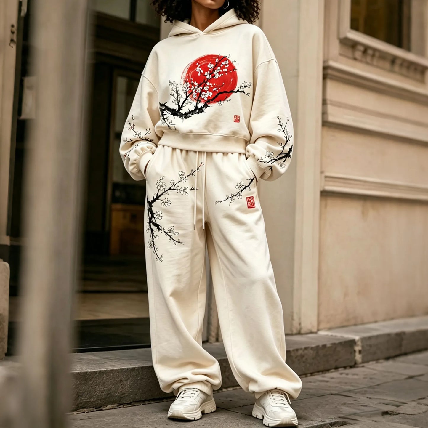 Cardydony Women's Japanese Cherry Blossom Art Print Hoodie Two Piece Set