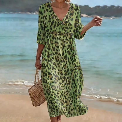 Cardydony Women's Leopard Art Pattern Linen Blend Loose Three-quarter Sleeve V Neck Dress