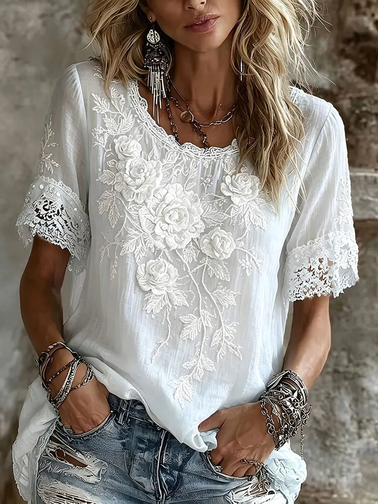 Cardydony Vintage Floral Art Embroidery Casual Linen Cotton Short Sleeve Shirt
