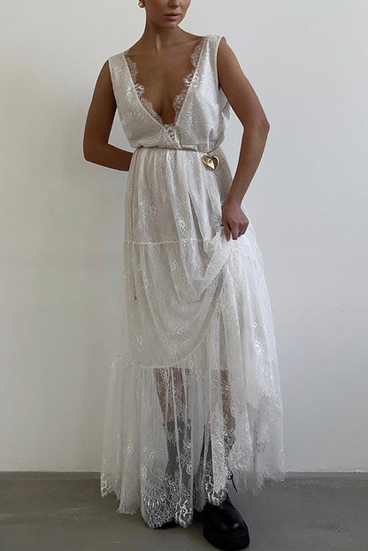 Cardydony Women's Fashionable Sheer Lace V-neck Backless Elegant Maxi Dress