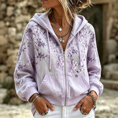 Cardydony Women's Retro Floral Design Zip-up Hoodie