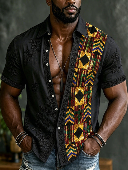 Cardydony Men's Retro Reggae Ethnic Graphics Patchwork Art Casual Linen Short Sleeves Shirt