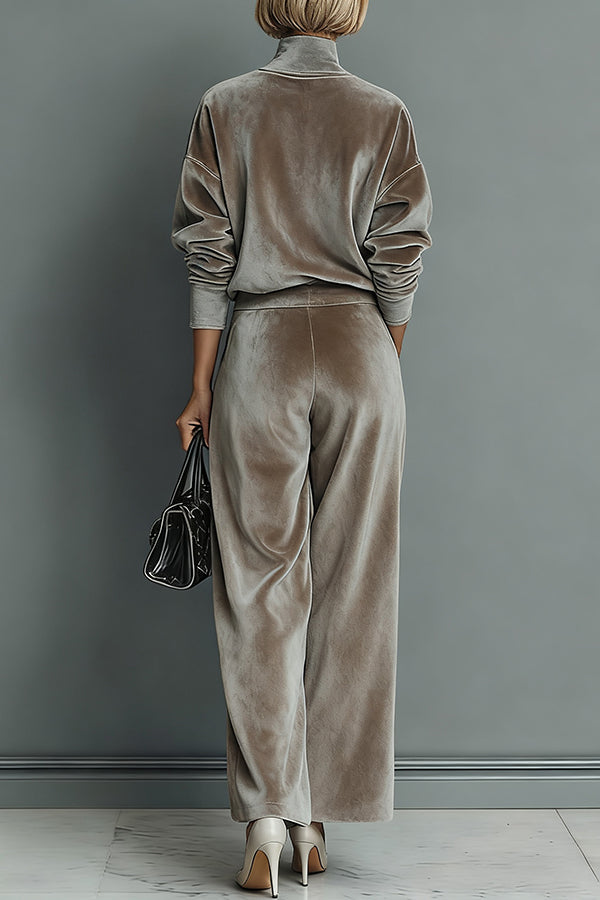 Cardydony Women's Stylish Velvet Turtleneck Long-sleeved Top and Casual Pocket Wide-leg Pants Set