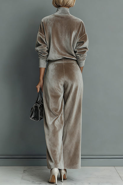 Cardydony Women's Stylish Velvet Turtleneck Long-sleeved Top and Casual Pocket Wide-leg Pants Set