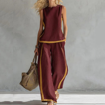 Cardydony Women's Solid Color Color Blocked Vest Long Pants Two Piece Set
