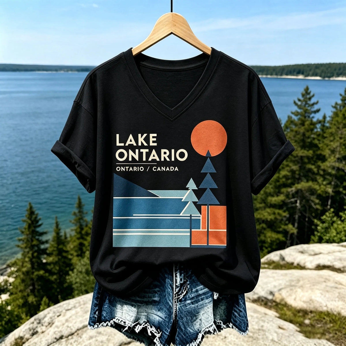Cardydony Women's Casual V-neck T-shirt In Beige With Lake Ontario Geometric Landscape And Orange Sun Print
