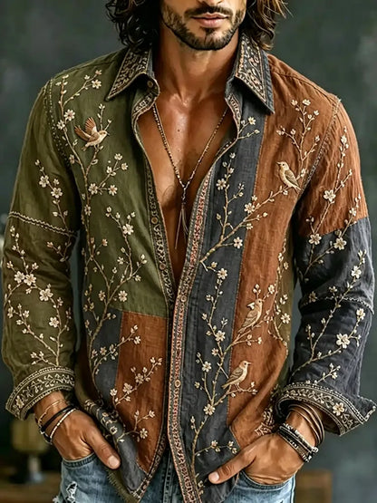 Cardydony Men's Retro Flowers And Birds Patchwork Art Casual Linen Shirt