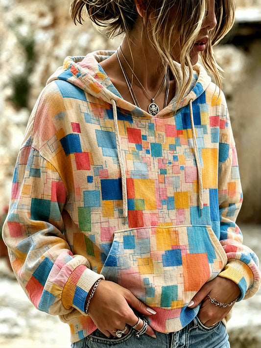 Cardydony Women's Vintage Colorful Geometric Art Casual Crew Neck Long Sleeve Sweatshirt