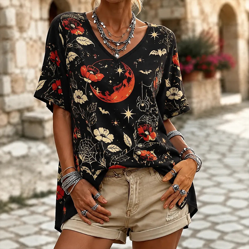 Cardydony Women's Casual Short Sleeve V-neck T-shirt With Gothic Red Moon, Spiderweb, And Floral Print