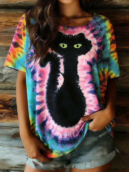 Cardydony Women's Hippie Abstract Cat Tie-dye Pattern Casual T-shirt