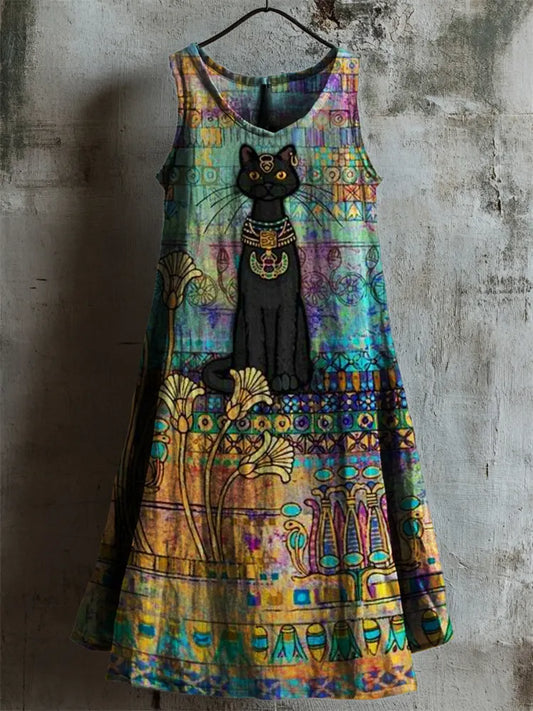 Cardydony Ancient Egyptian Black Cat Art Linen Tank Dress