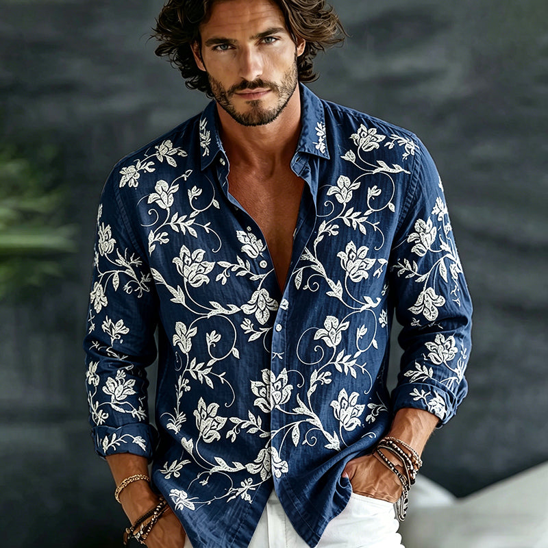 Cardydony Men's Vintage Spring Floral Embroidered Art Print Flowy Linen Blend Casual Shirt