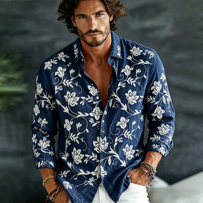 Cardydony Men's Vintage Spring Floral Embroidered Art Print Flowy Linen Blend Casual Shirt