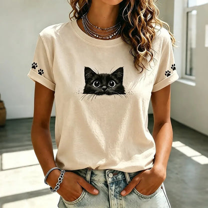 Cardydony Women's Vintage Black Cat Art Casual Short Sleeve T-shirt