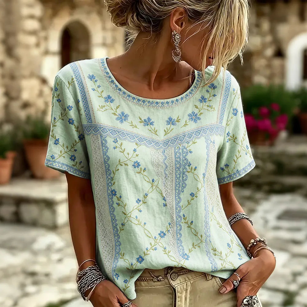 Cardydony Women's Retro Floral Patchwork Print Art Round Neck Linen Blend T-shirt