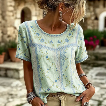 Cardydony Women's Retro Floral Patchwork Print Art Round Neck Linen Blend T-shirt