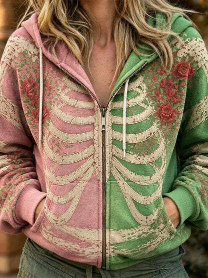 Cardydony Women's Retro Halloween Human Structure Art Gradient Pattern Zipper Hoodie