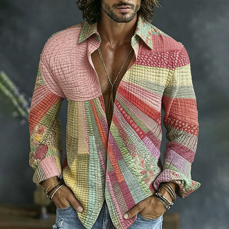 Cardydony Men's Causal Spring Hippie Vibe Colorful Sun Collage Art Print Flowy Linen Blend Shirt