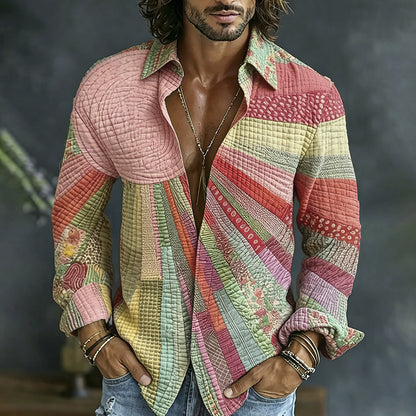 Cardydony Men's Causal Spring Hippie Vibe Colorful Sun Collage Art Print Flowy Linen Blend Shirt
