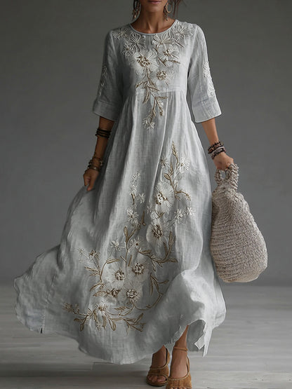 Cardydony Japanese Floral Art Embroidered Casual Linen Maxi Dress