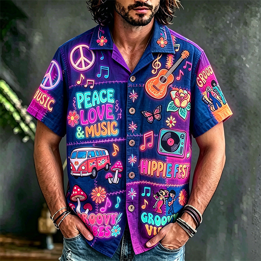Cardydony Men's Hippie Style Peace Love Music Patchwork Art Print Casual Shirt