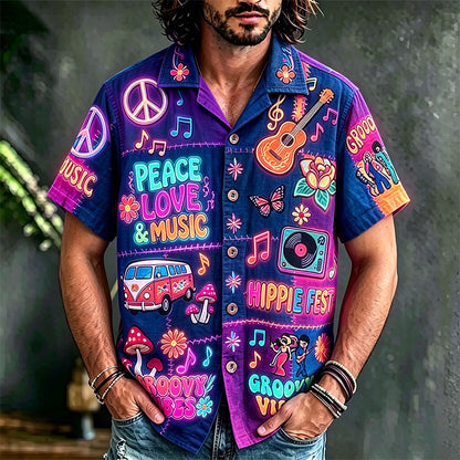 Cardydony Men's Hippie Style Peace Love Music Patchwork Art Print Casual Shirt