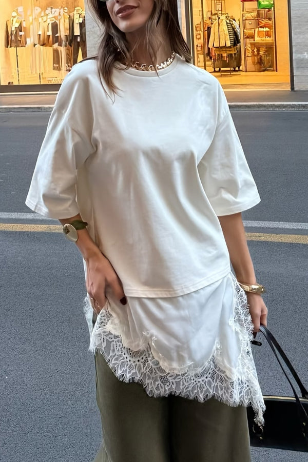 Cardydony Women's Stylish Round Neck Short-sleeved Patchwork Lace Hem Loose T-shirt