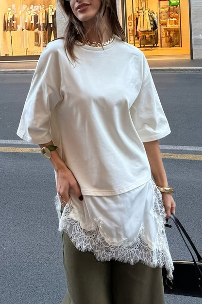 Cardydony Women's Stylish Round Neck Short-sleeved Patchwork Lace Hem Loose T-shirt