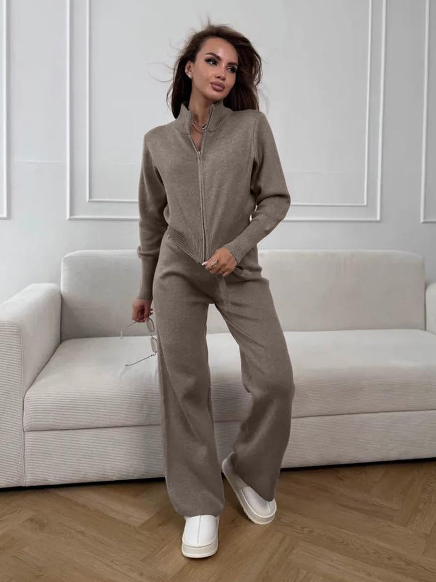 Cardydony Women's Women's Knit 2 Piece Set – Drawstring Wide Leg Pants with Zip Jacket Top