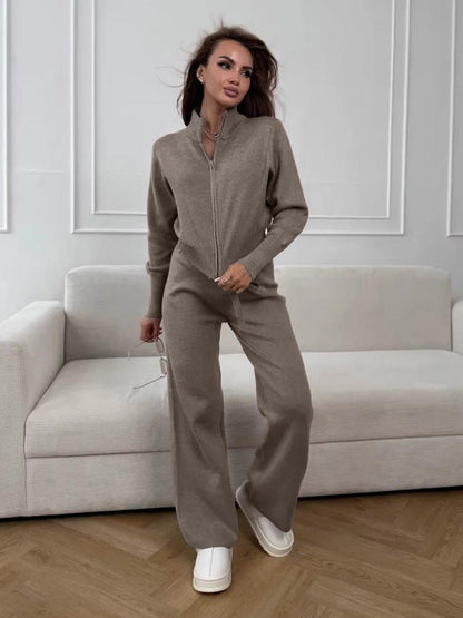 Cardydony Women's Women's Knit 2 Piece Set – Drawstring Wide Leg Pants with Zip Jacket Top