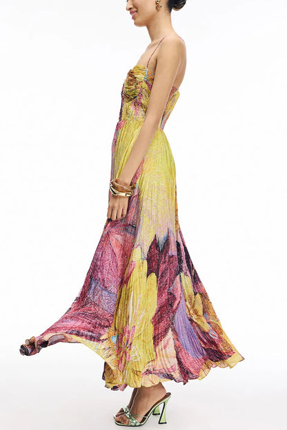 Cardydony Women's Vibrant and Bold Floral Print Sweetheart Neck Pleated Maxi Dress