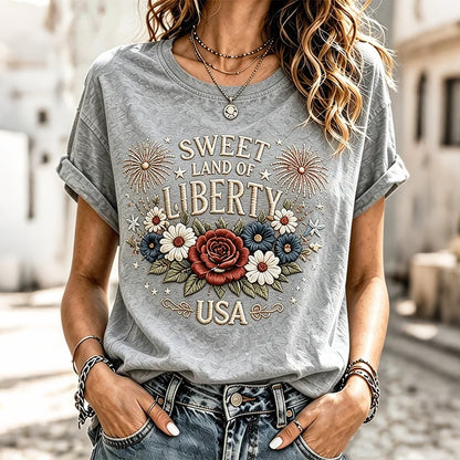 Cardydony Women's Sweet Land Of Liberty Floral Usa Art Short-sleeve T-shirt