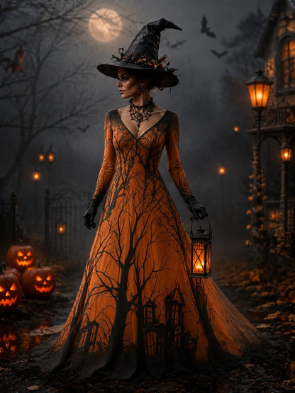 Cardydony Women's Halloween Gradient Treehouse Print Witch V-neck Maxi Dress