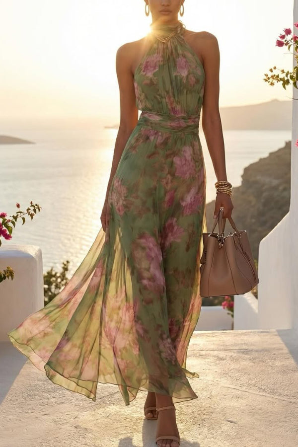 Cardydony Women's  Floral Print Halter Neck Sleeveless Fitted Waist Casual Vacation Maxi Dress