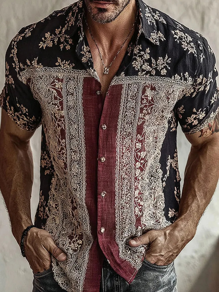 Cardydony Men's Retro Floral Patchwork Pattern Casual Shirt