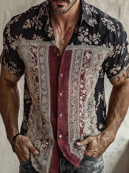 Cardydony Men's Retro Floral Patchwork Pattern Casual Shirt