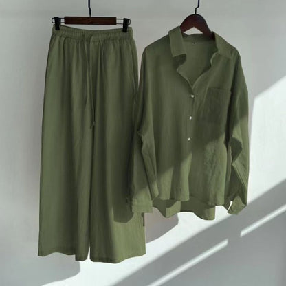 Cardydony Women's Vintage Flower Embroidery Cotton Linen Shirt And Pants Two-piece Set