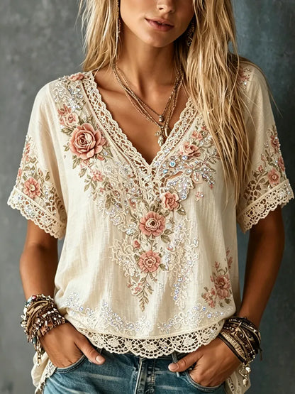 Cardydony Women's Retro Floral Lace Design Cotton Linen V-neck T-shirt