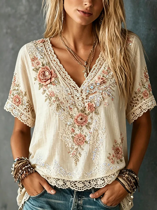 Cardydony Women's Retro Floral Lace Design Cotton Linen V-neck T-shirt