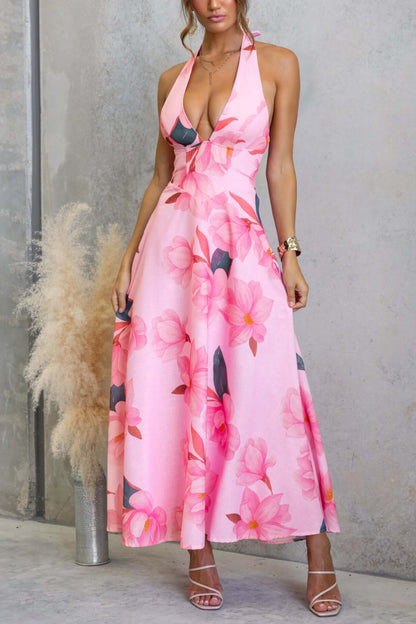 Cardydony Women's Floral Print V-neck Backless Tie-up Fitted Waist Elegant Maxi Dress