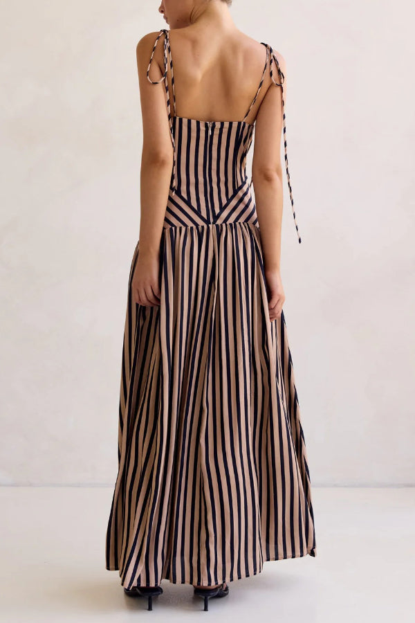 Cardydony Women's Striped Print Tie Backless Sleeveless V-Neck Elegant Maxi Dress