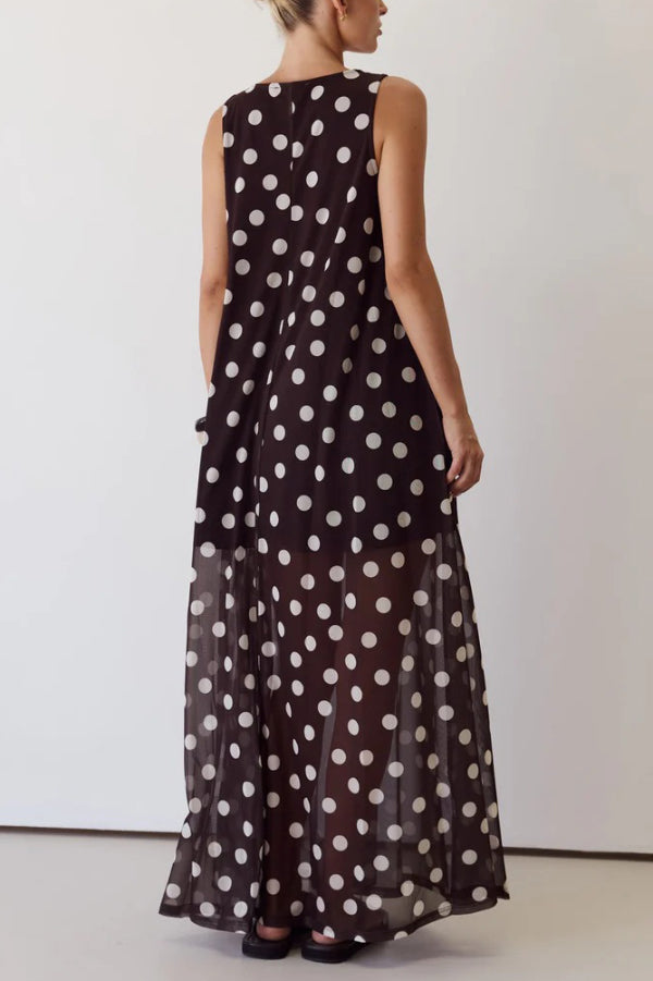 Cardydony Women's  Polka Dot Print Loose Round Neck Sleeveless Mesh Casual Maxi Dress