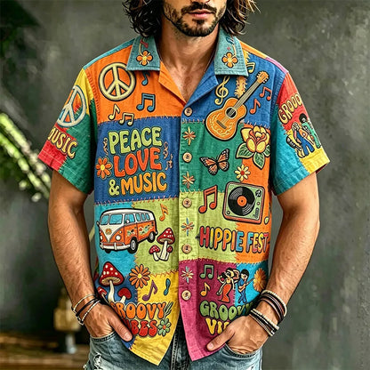 Cardydony Men's Hippie Style Peace Love Music Patchwork Art Print Casual Shirt
