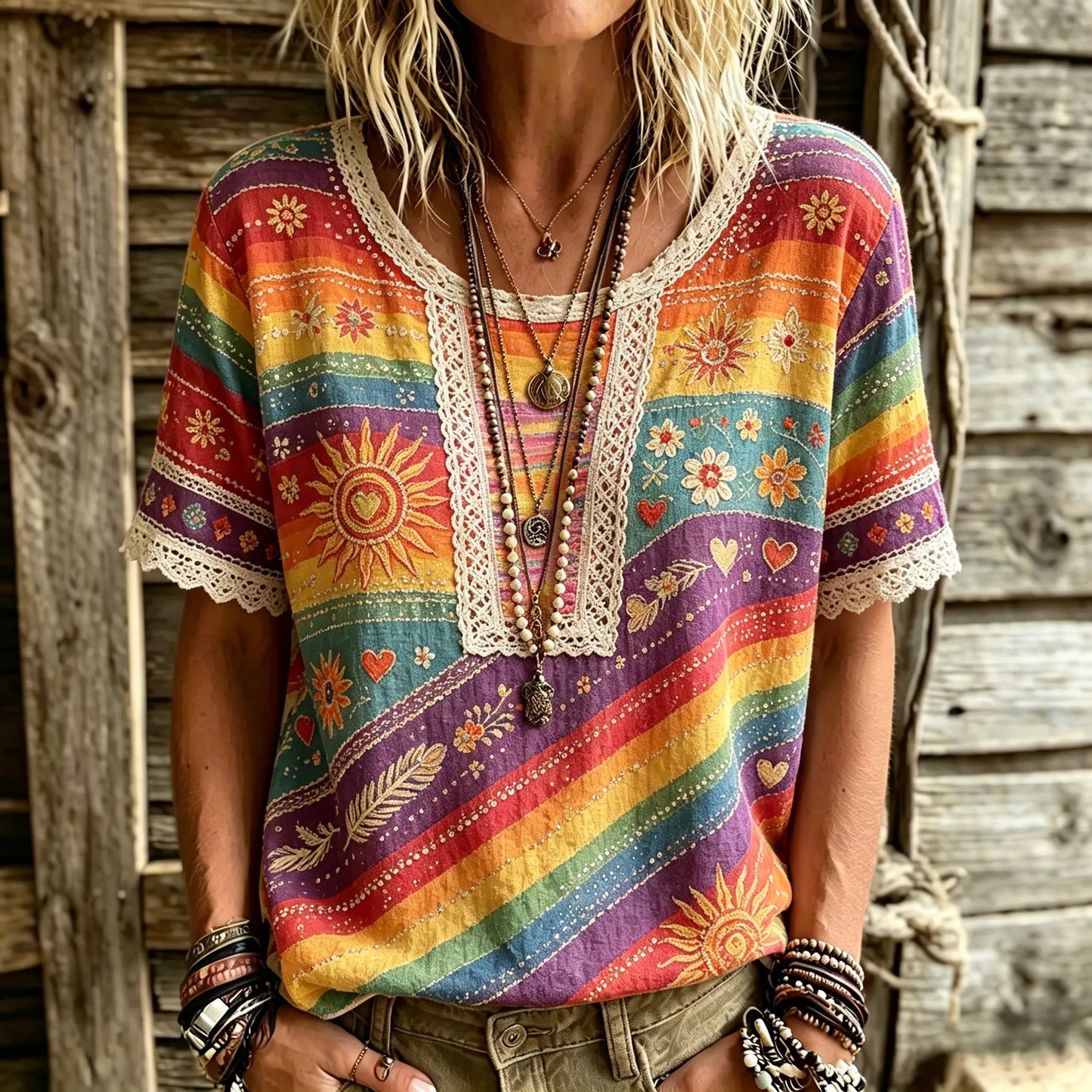 Cardydony Women's Retro Colorful Striped Floral And Sun Print Cotton Linen T-shirt