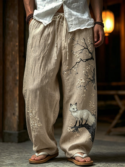 Cardydony Men's Retro Japanese Floral And Fox Print Cotton Linen Comfortable Casual Trousers