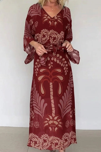 Cardydony Women's Bohemian Style Unique Printed Chiffon Loose-fitting Belted Maxi Dress