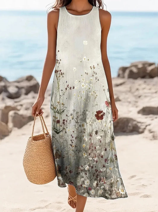 Cardydony Women's Floral Print Linen Blend Tank Midi Dress