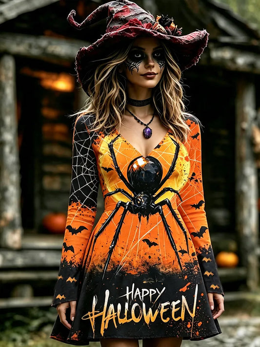 Cardydony Women's Halloween Graphic Midi Dress - Haunted House, Floating Ghosts, Tombstones And Pumpkins Print Short Sleeve Dress