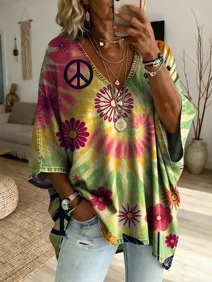 Cardydony Women's Retro Hippie Floral Art Tie-dye Print Casual Cotton Linen T-shirt
