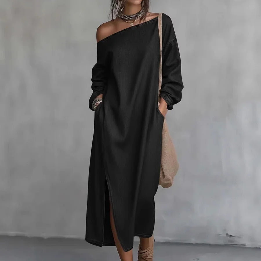 Cardydony Women's Casual Solid Color One-shoulder Cotton Linen Maxi Dress
